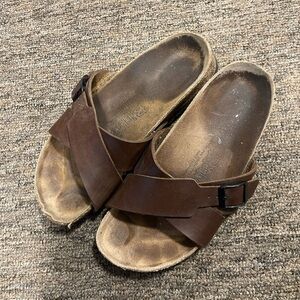 Birki's SANTOSA Cross Strap Slide Sandal  Womens 7 Men’s 5 Color: Brown